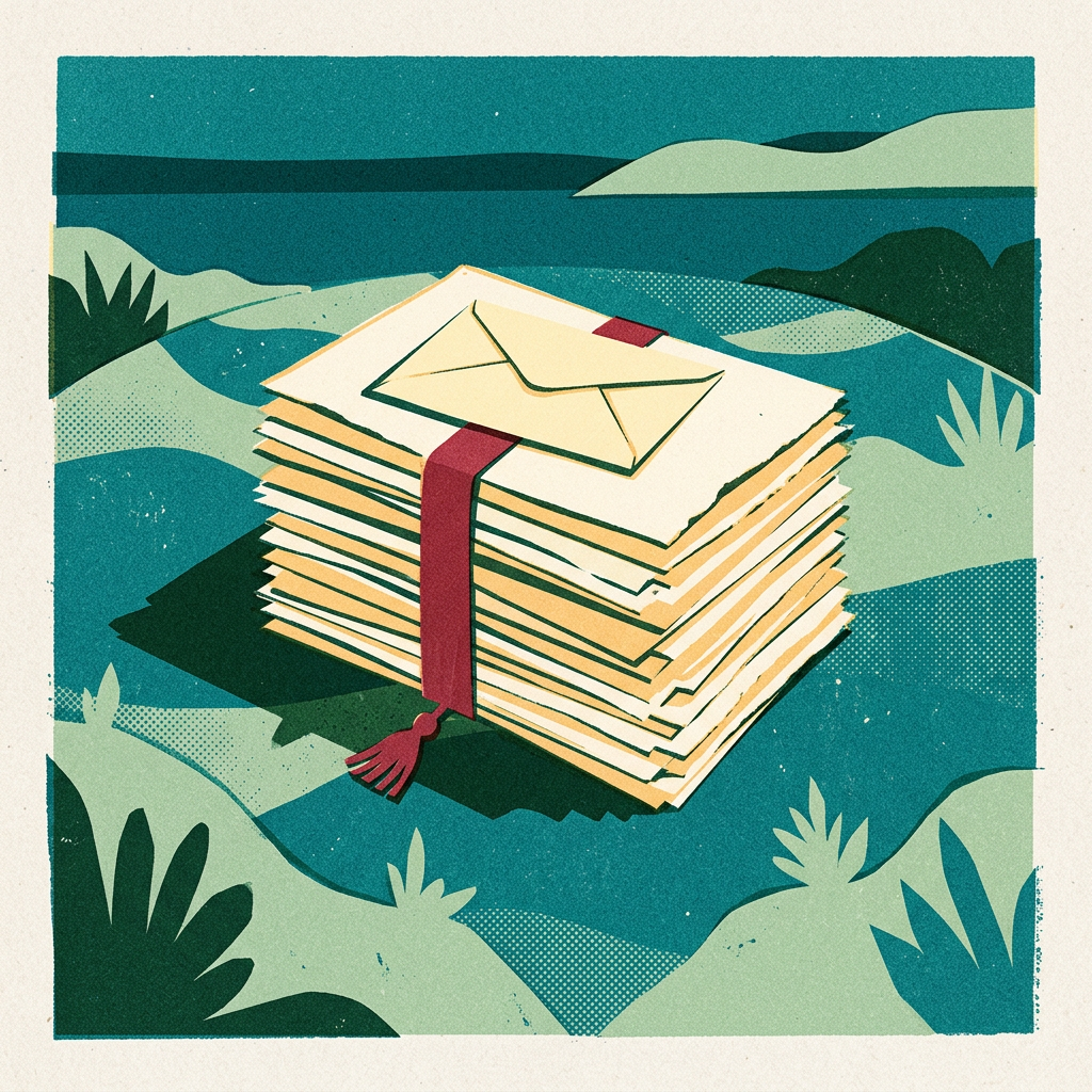 Illustration : une pile de lettres pliées, avec une enveloppe posée dessus.