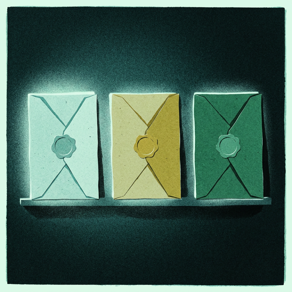 Illustration : trois enveloppes scellées posées côte à côte, chacune d’une couleur différente.