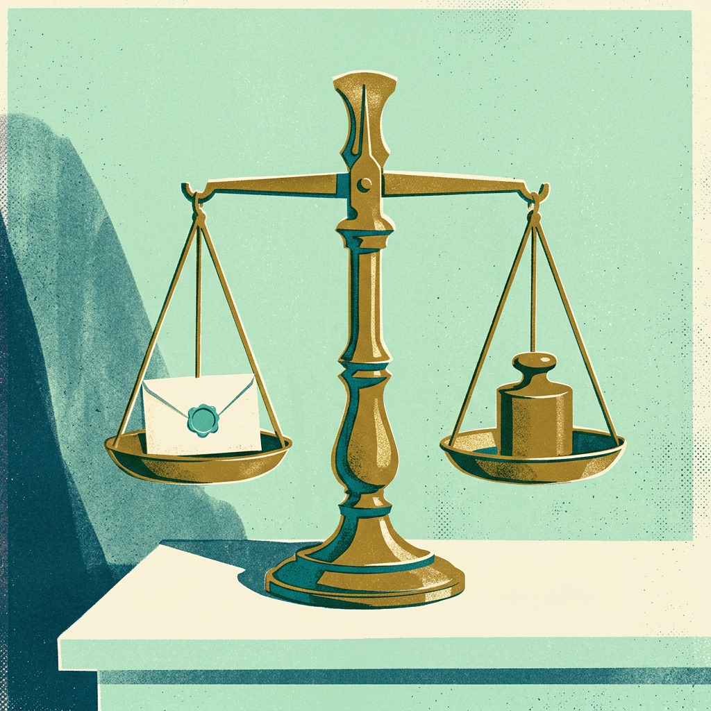 Illustration : une balance de bureau qui pèse une enveloppe scellée.